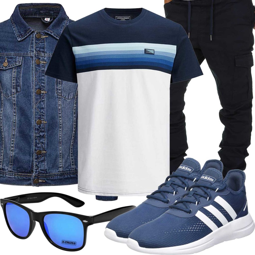 Blaues Herrenoutfit mit Jeansjacke und Sneakern