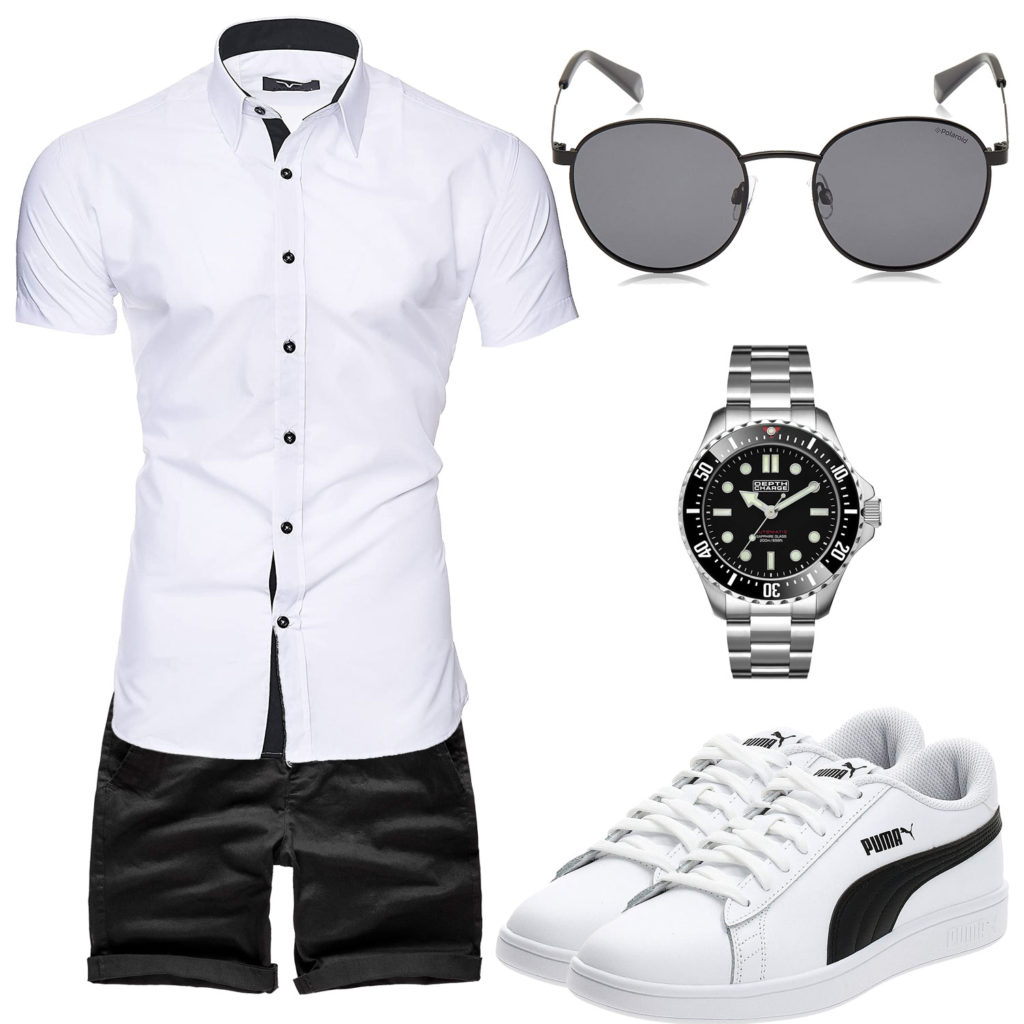 Schwarz-Weißes Herrenoutfit mit Hemd und Uhr