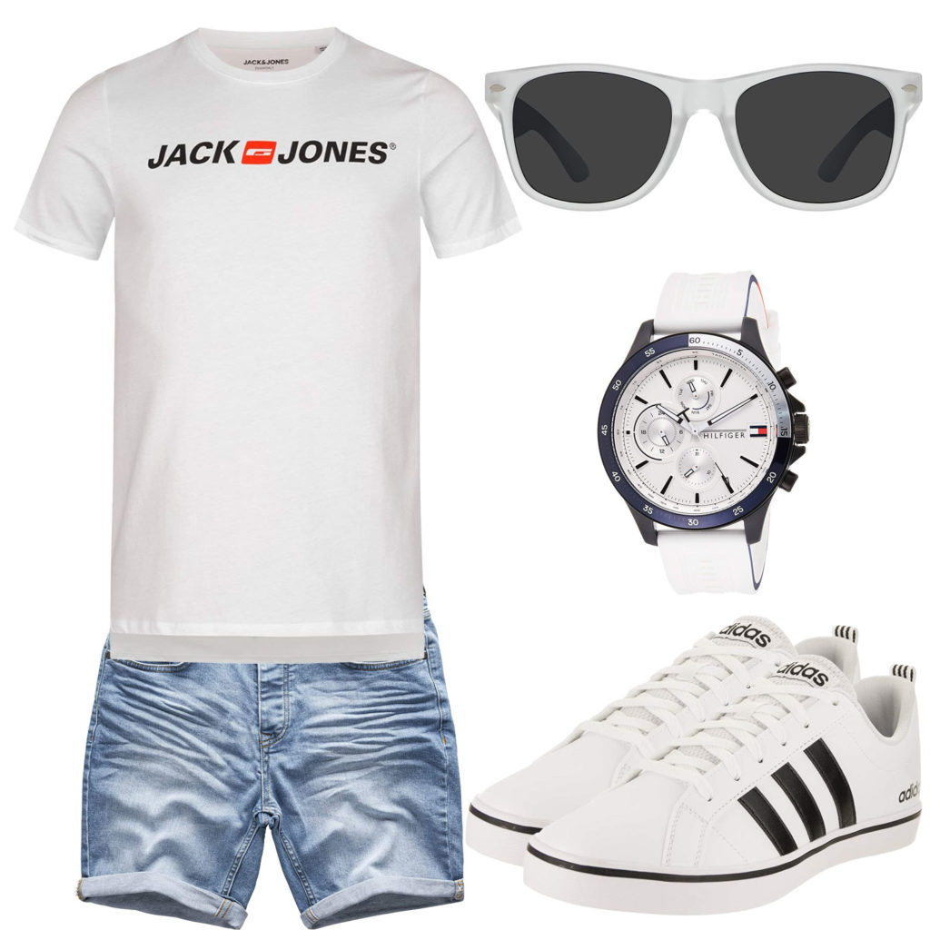Weißes Herrenoutfit mit Shirt, Brille und Sneaker
