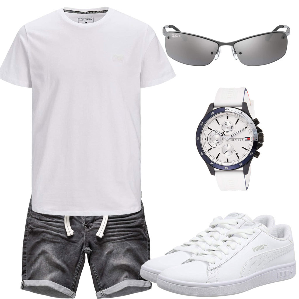 Weiß-Graues Herrenoutfit mit Shirt und Shorts