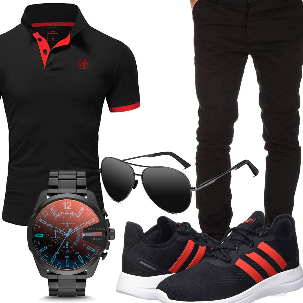 Schwarz-Rotes Herrenoutfit mit Poloshirt, Sneakern und Uhr