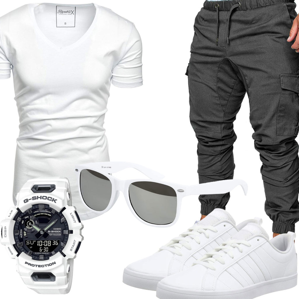 Weißes Herrenoutfit mit Shirt, Sneakern und Brille