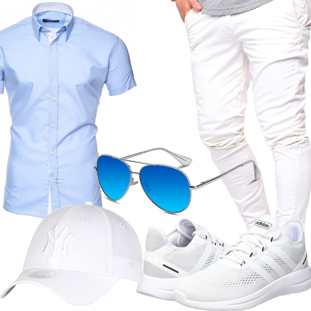 Weiß-Hellblaues Herrenoutfit mit Hemd und Jeans