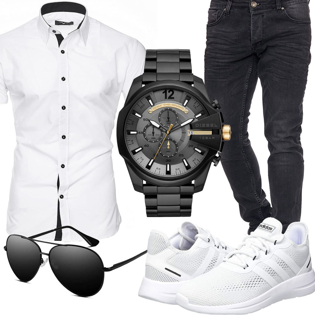 Schwarz-Weißes Herrenoutfit mit Hemd, Jeans und Brille
