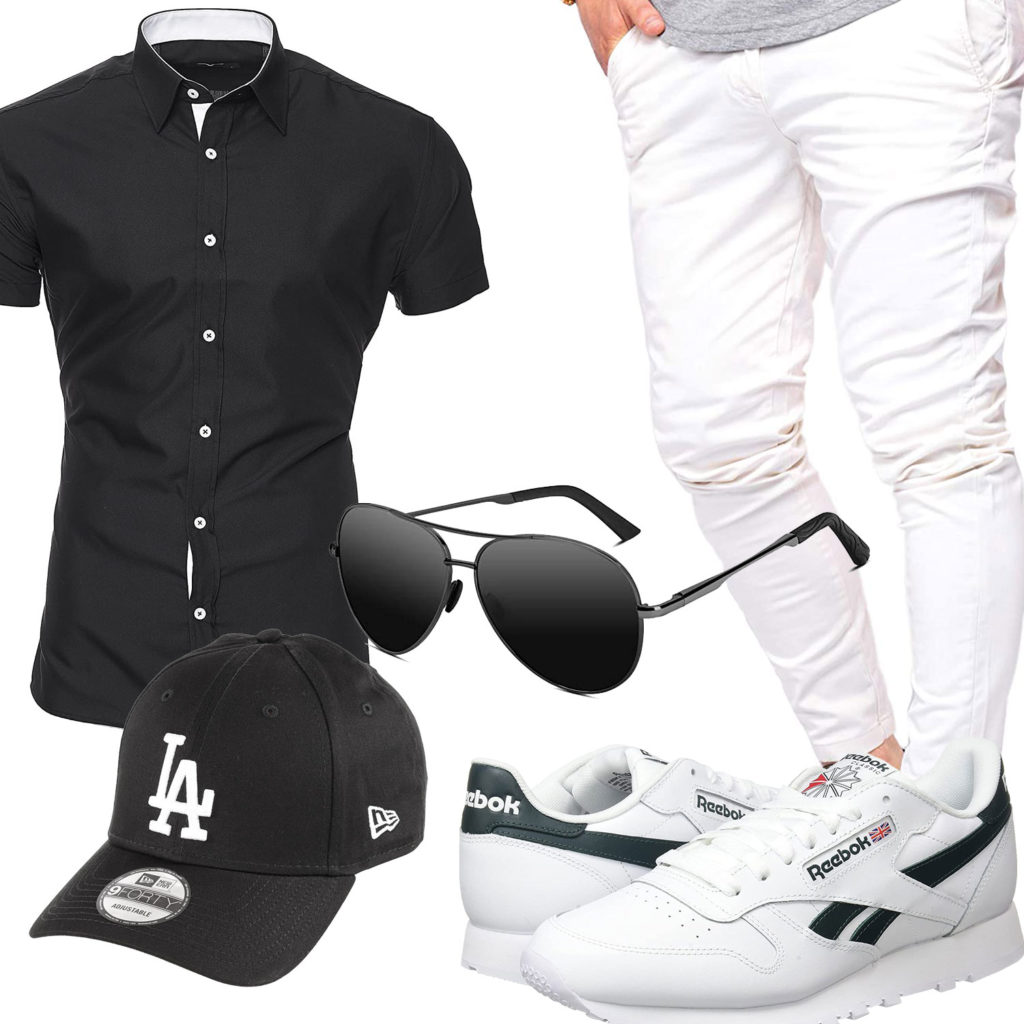 Schwarz-Weißes Herrenoutfit mit Hemd, Jeans und Cap