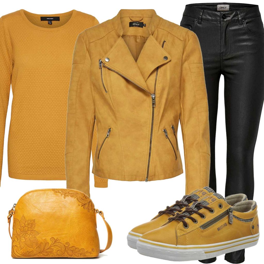 Gelbes Damenoutfit mit Lederjacke und Pullover