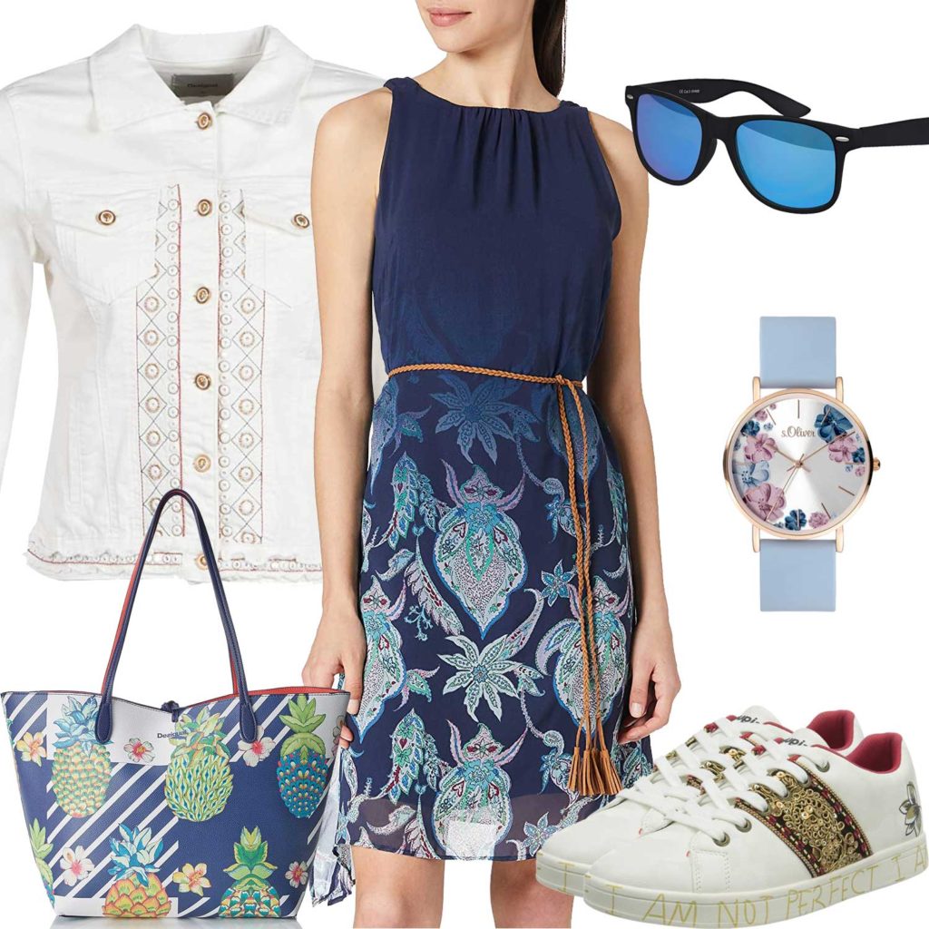 Blau-Weißes Damenoutfit mit Kleid und Sneakern