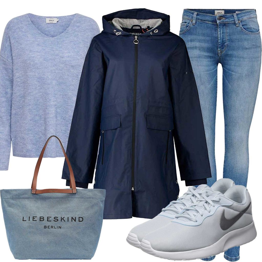 Blaues Frauenoutfit mit Pullover, Jeans und Sneakern