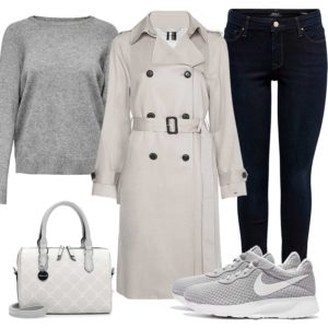 Graues Herbst-Frauenoutfit mit Trenchcoat
