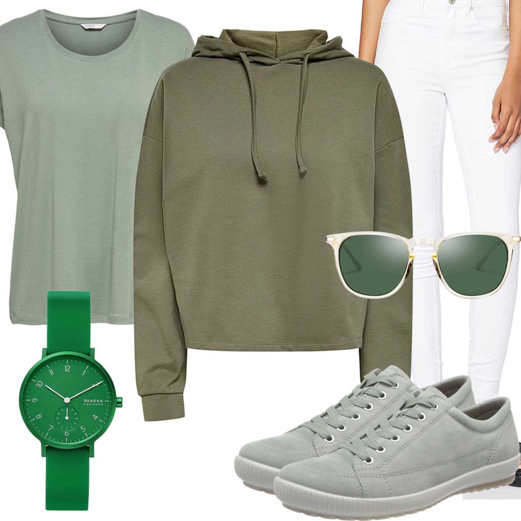 Grün-Weißes Damenoutfit mit Hoodie und Shirt
