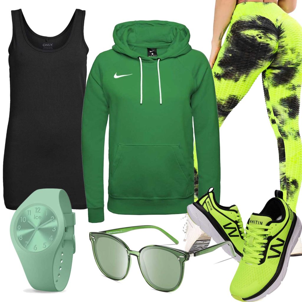 Sportliches Frauenoutfit in Neongelb und Grün