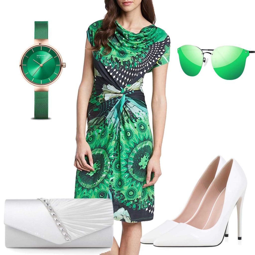 Grün-Weißes Damenoutfit mit Kleid und Pumps