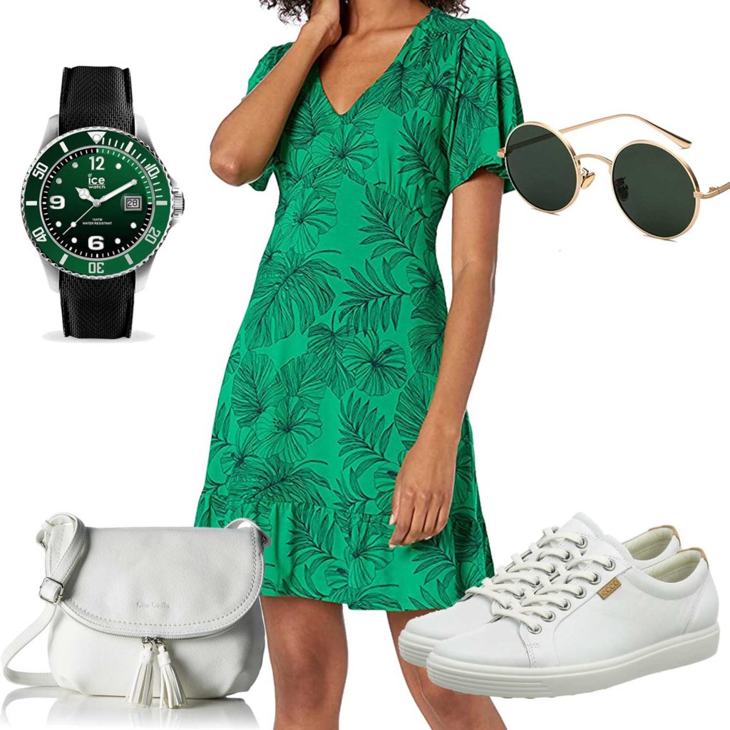 Sommer-Damenoutfit mit grünem Kleid und Uhr