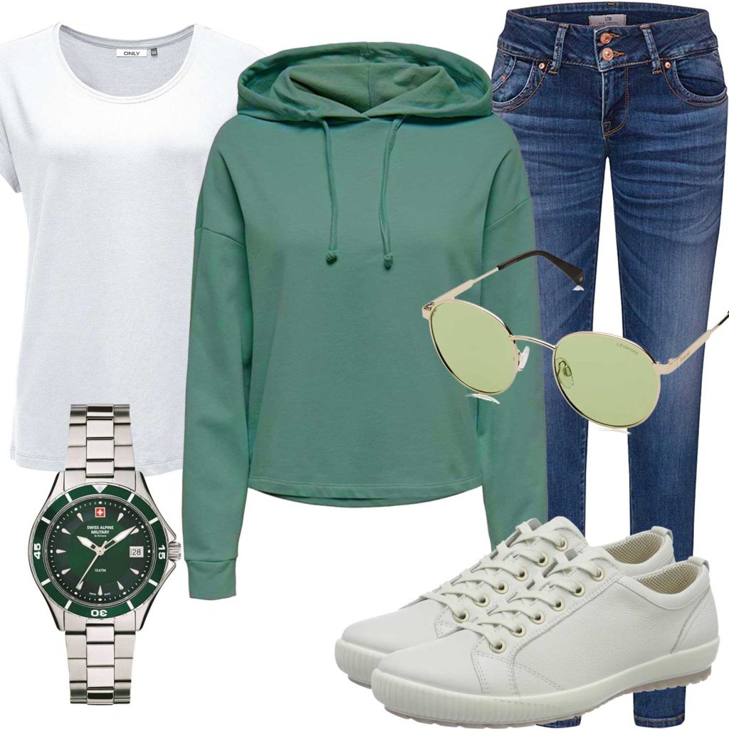 Grünes Frauenoutfit mit Hoodie und Sneakern