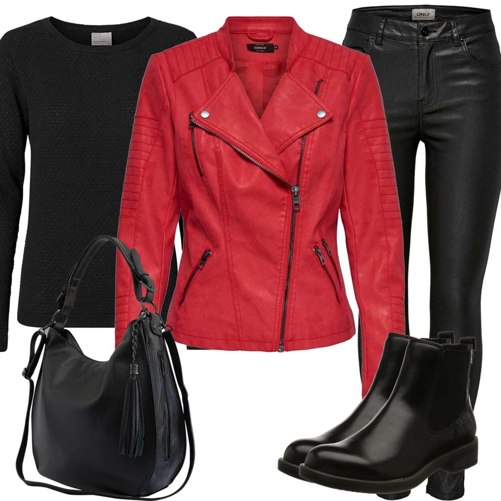 Schwarzes Damenoutfit mit roter Lederjacke