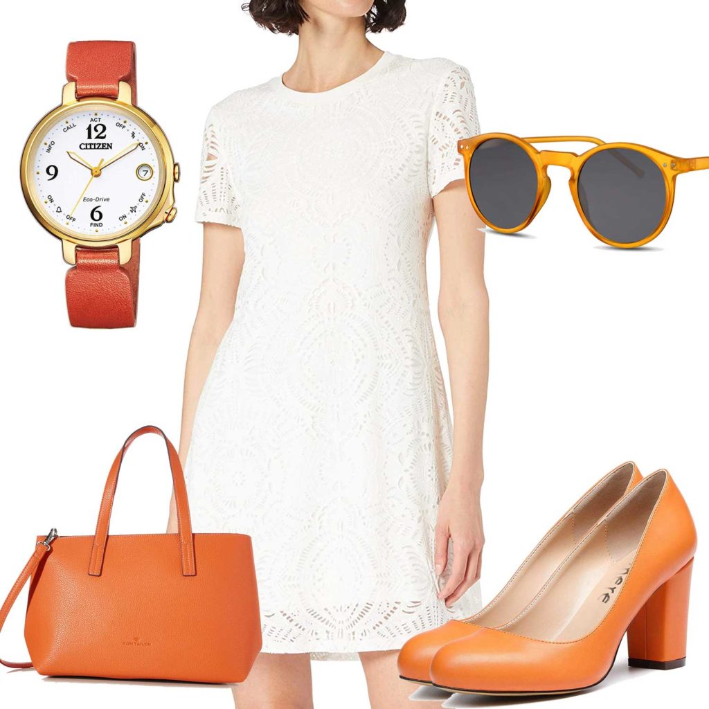 Weiß-Oranges Frauenoutfit mit Kleid und Uhr