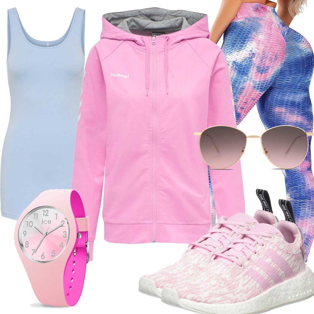 Sportliches Damenoutfit mit pinkem Hoodie und Uhr