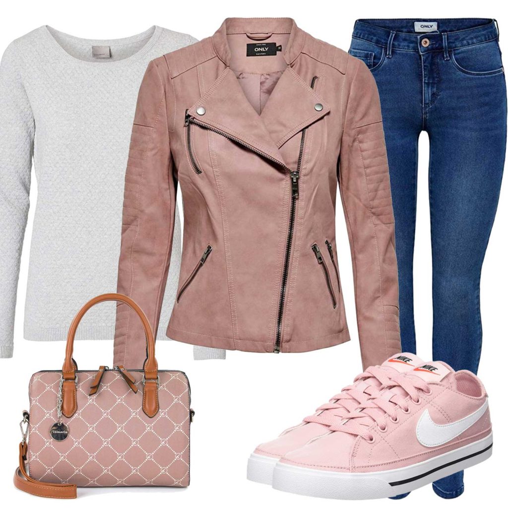 Damenoutfit mit rosa Lederjacke und Handtasche