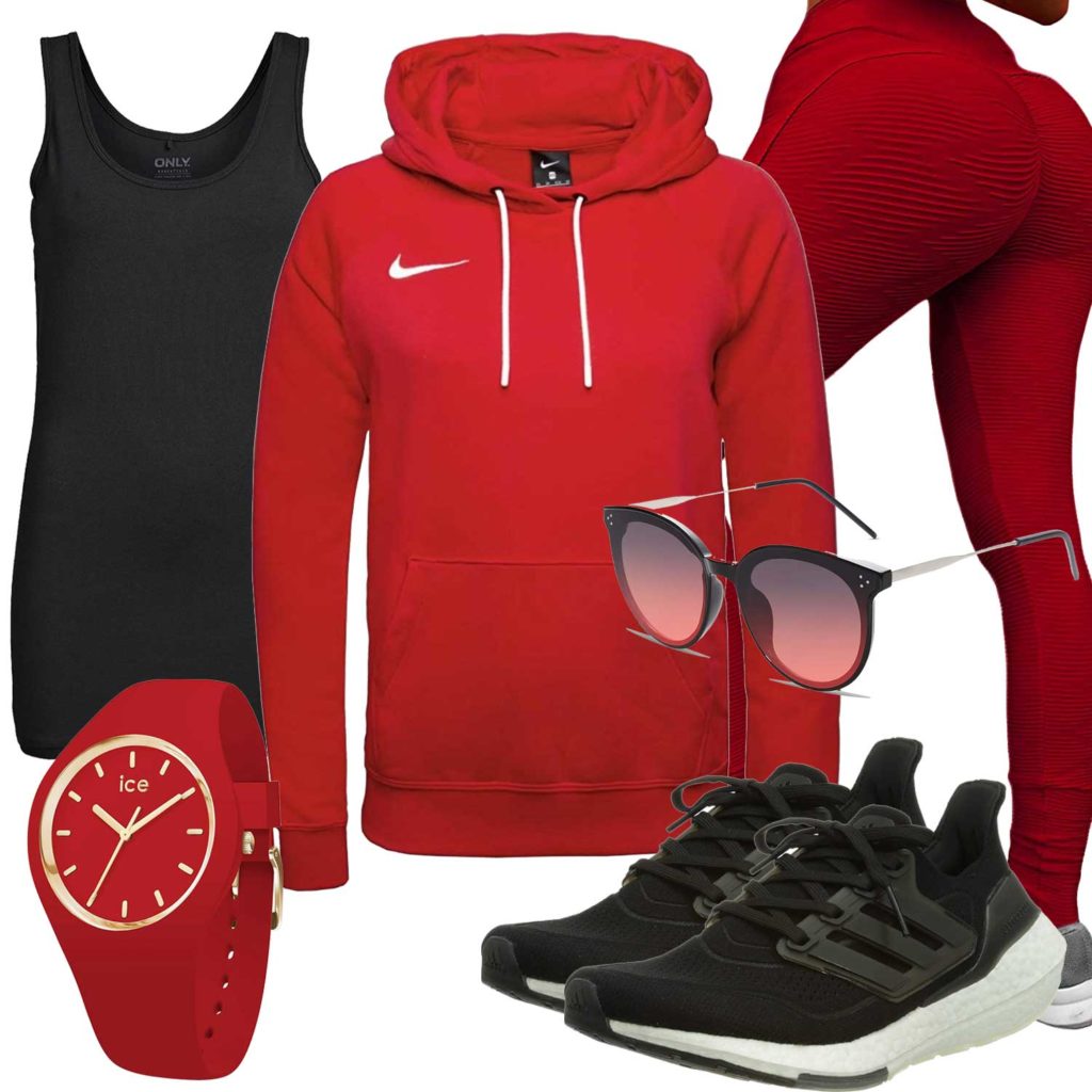 Schwarz-Rotes Frauenoutfit mit Leggings und Hoodie