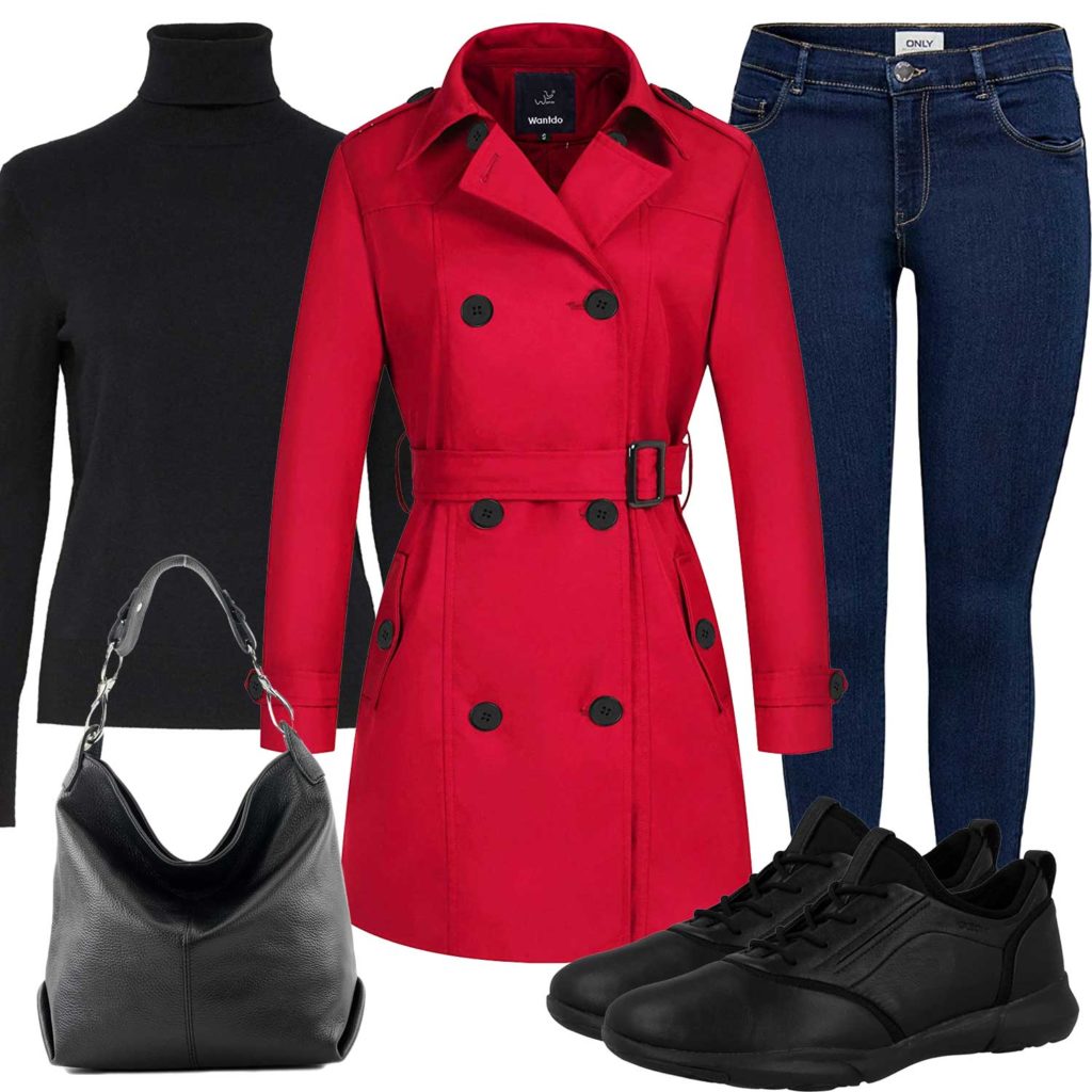 Damenoutfit mit rotem Mantel und Rollkragenpullover