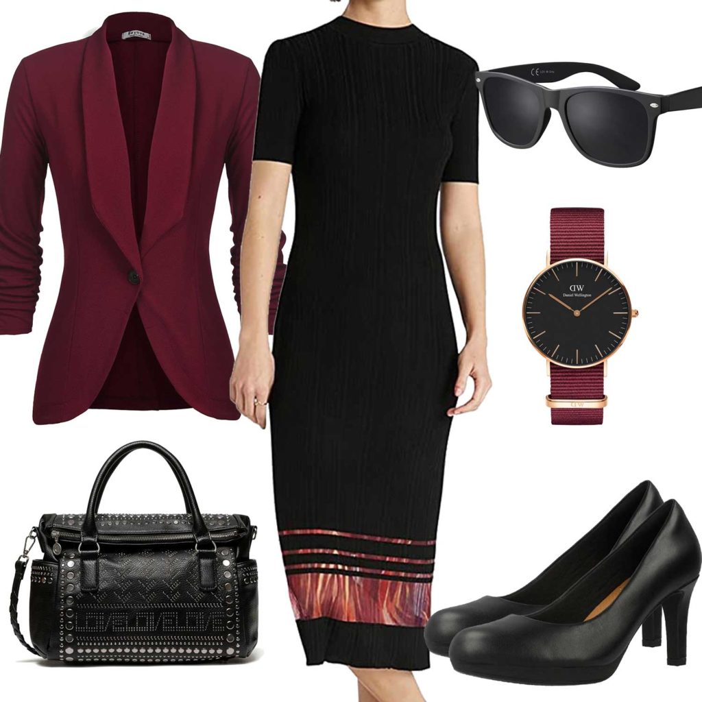 Business-Damenoutfit mit weinrotem Blazer und Uhr