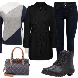Herbst-Damenoutfit mit Jeans, Tasche und Stiefeln
