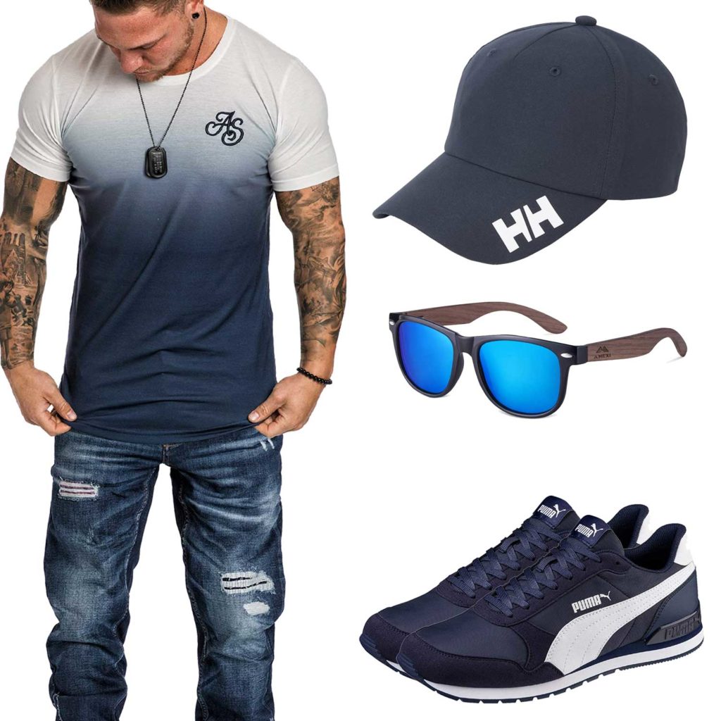 Blaues Herrenoutfit mit Shirt, Cap und Sneakern
