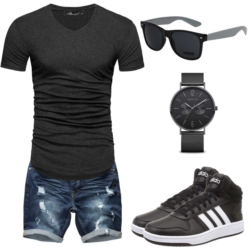 Sommer-Herrenoutfit mit schwarzem Shirt und Brille