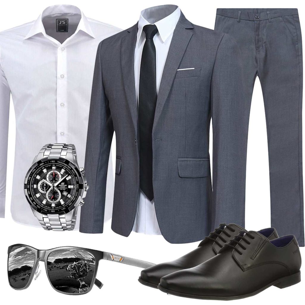 Business-Herrenoutfit mit grauem Anzug und Brille