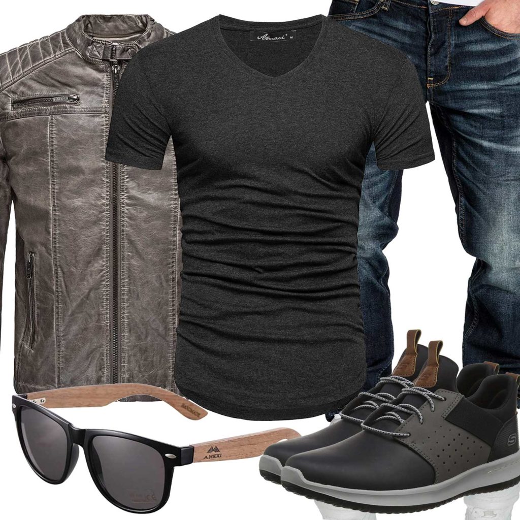 Herrenoutfit mit Lederjacke, Shirt und Jeans