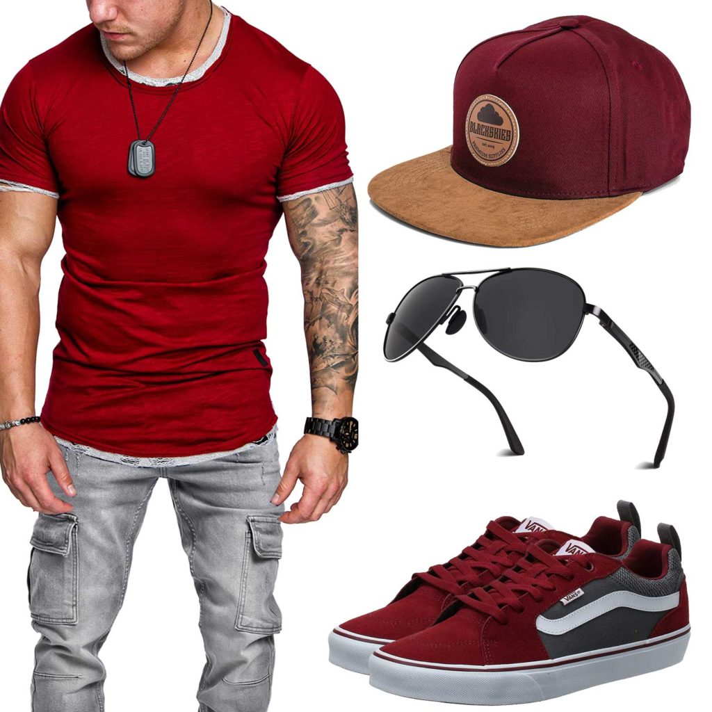 Rotes Herrenoutfit mit Shirt, Sneakern und Cap