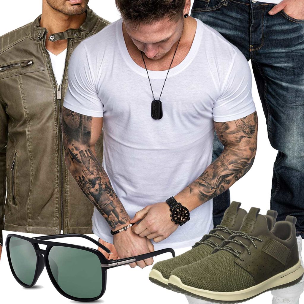 Herren-Style mit grüner Lederjacke, Sneakern und Brille