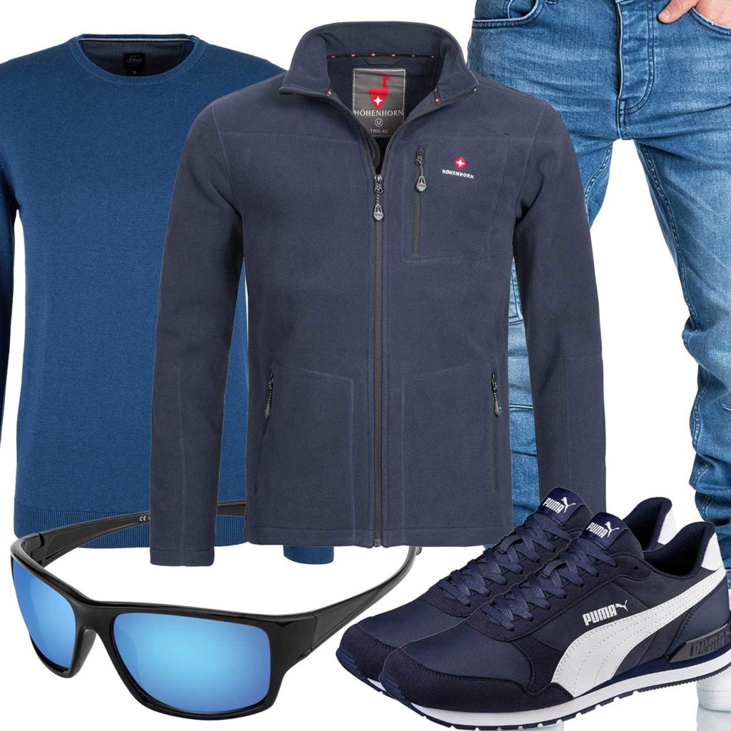 Blaues Herrenoutfit mit Jeans, Jacke und Sneakern