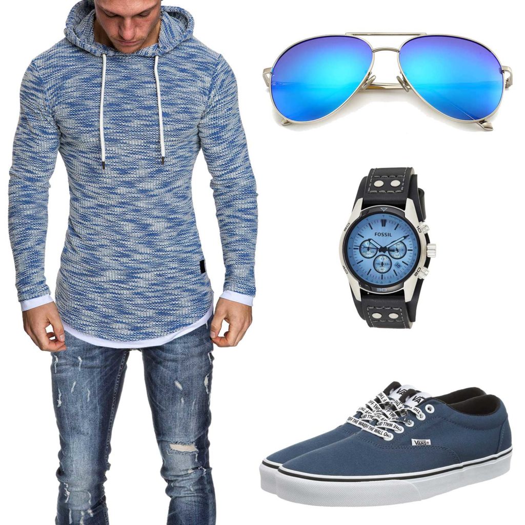 Blaues Herrenoutfit mit Hoodie, Brille und Jeans