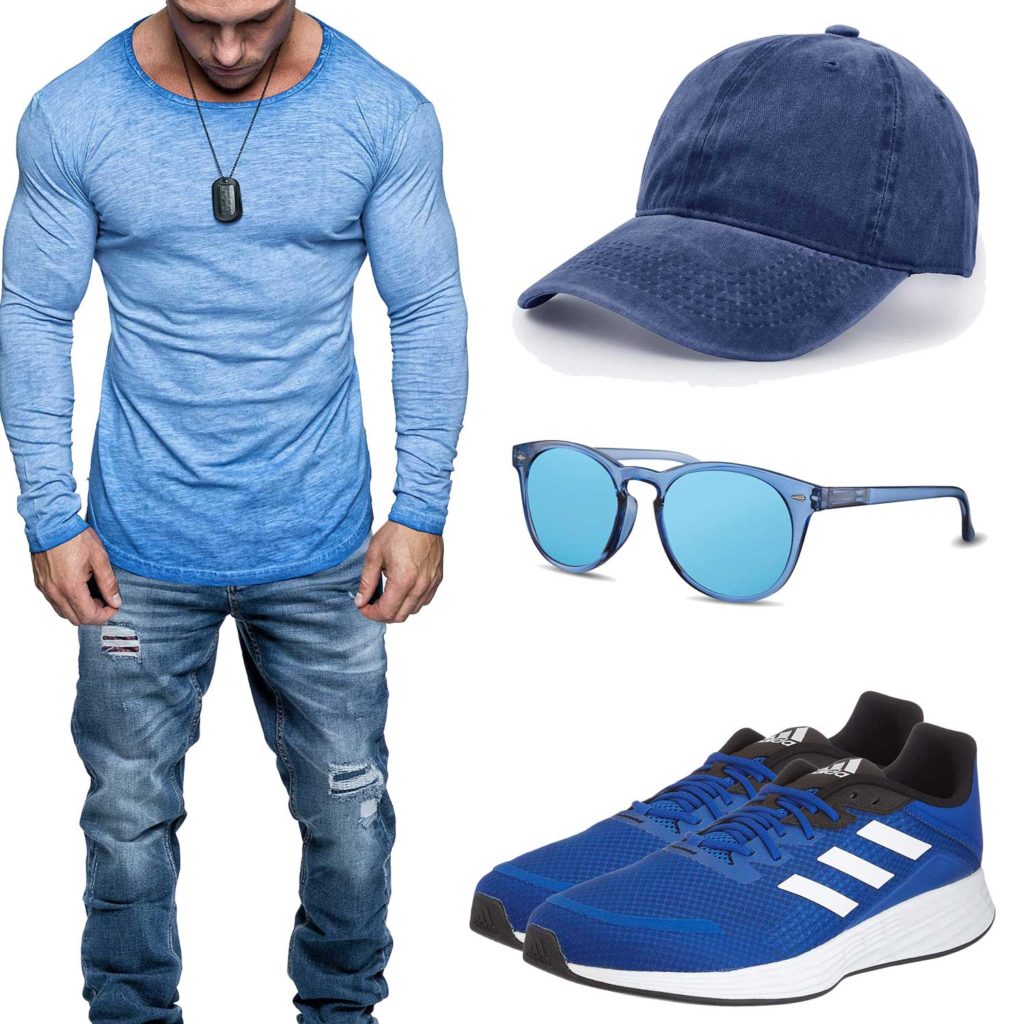 Blaues Herrenoutfit mit Longsleeve, Jeans und Cap