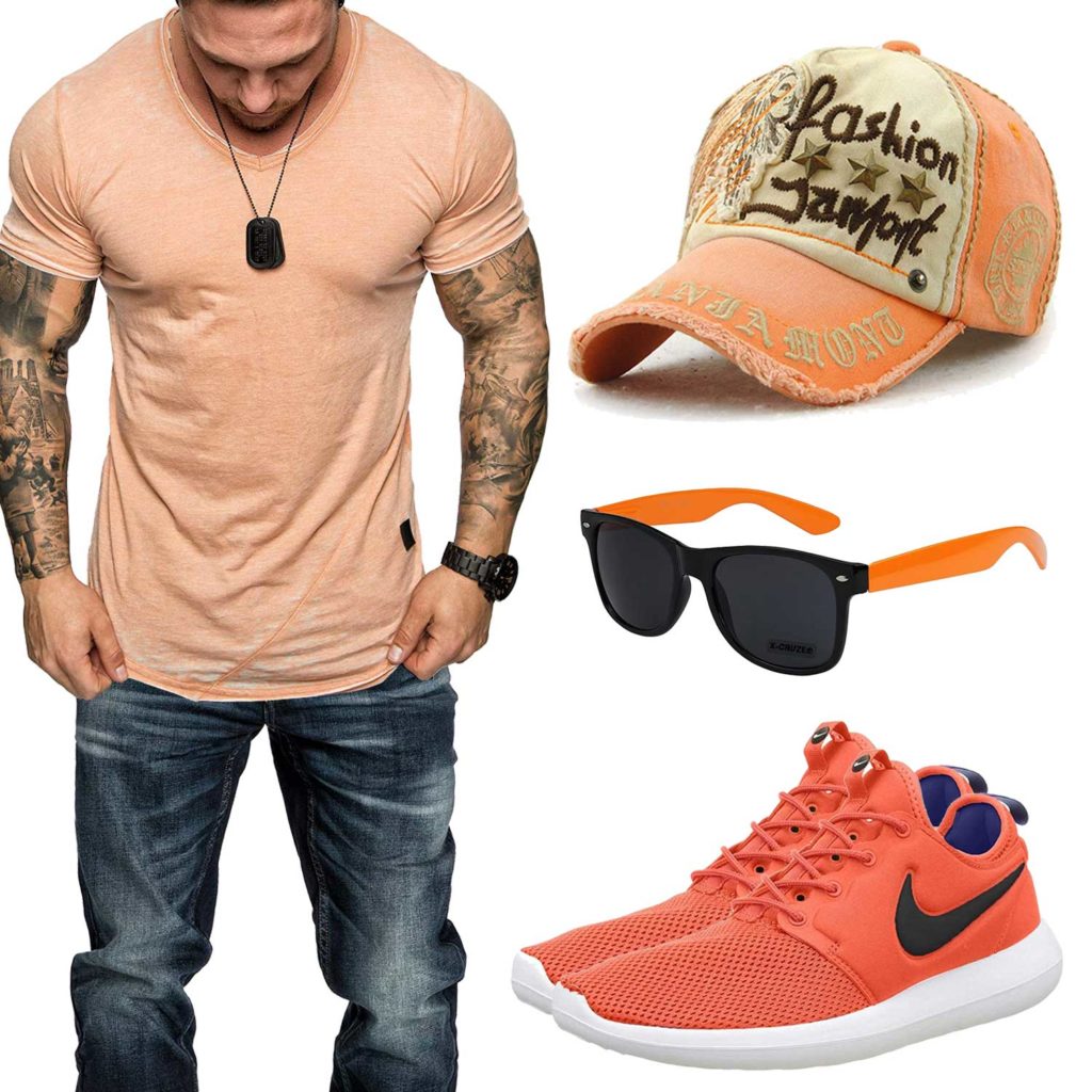 Oranges Herrenoutfit mit Shirt, Cap und Sneakern