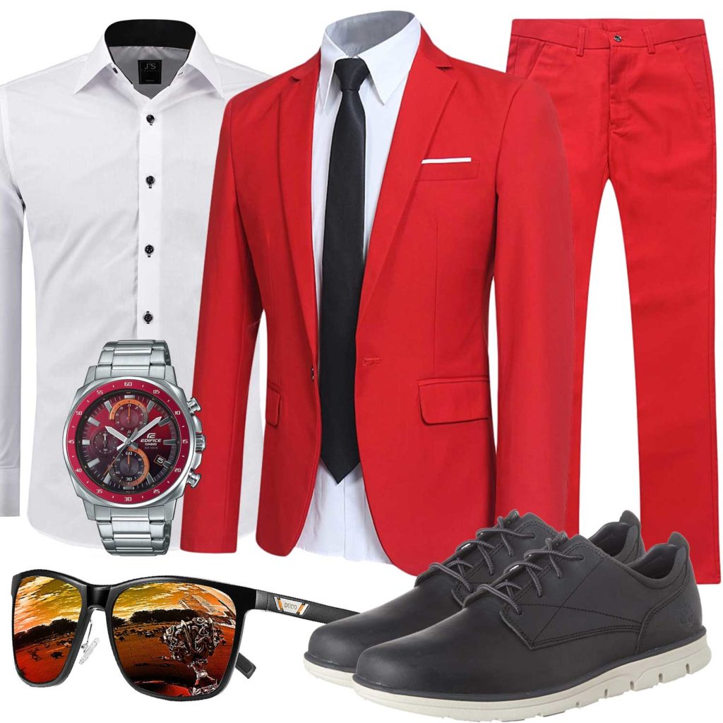 Herrenoutfit mit rotem Anzug, Uhr und Brille