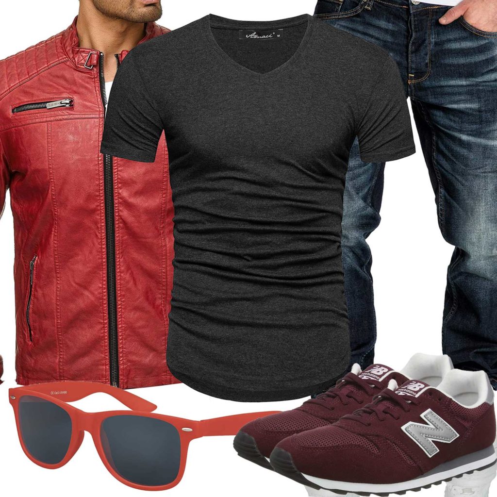 Herrenoutfit mit roter Lederjacke, Brille und Sneakern