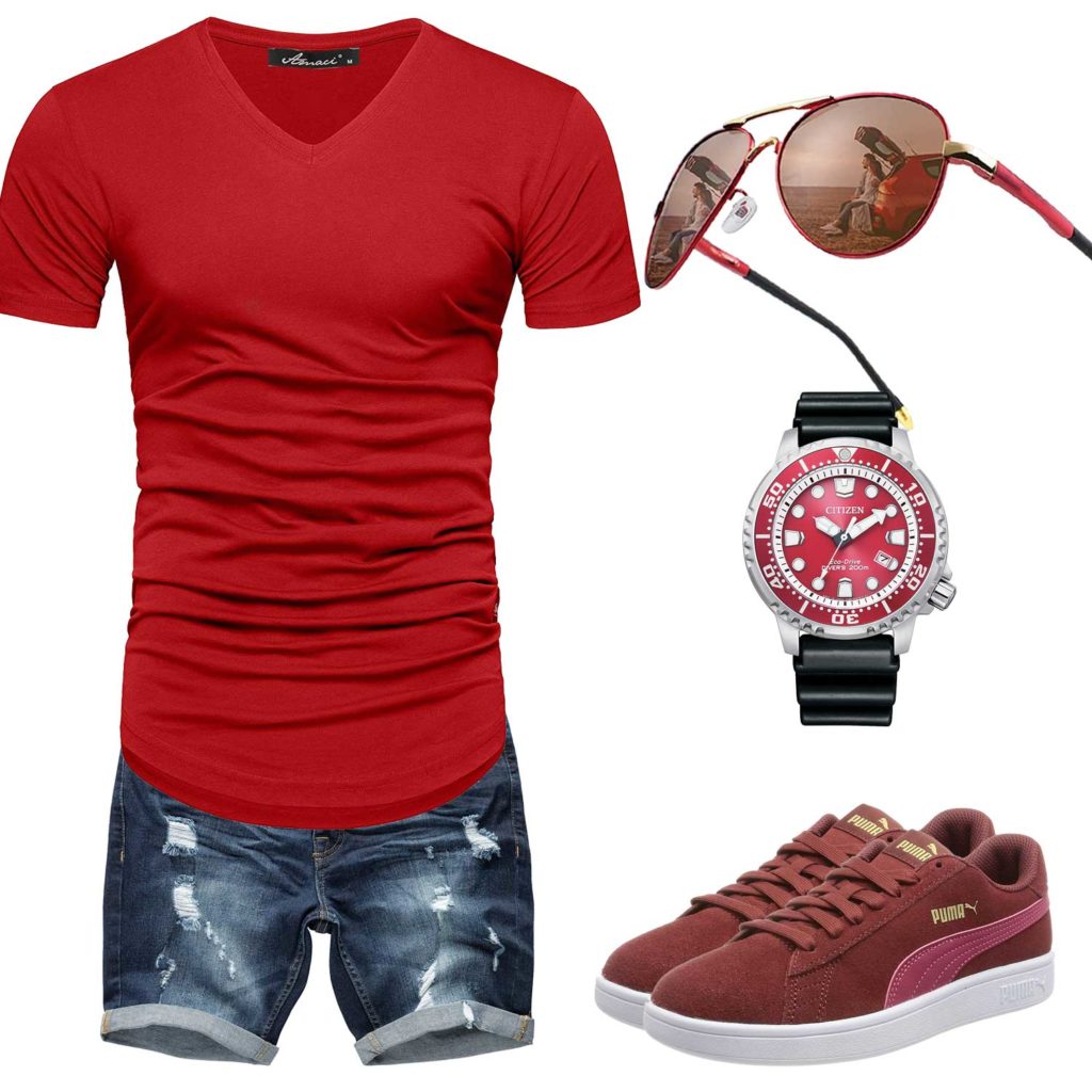 Sommer-Herrenoutfit mit rotem Shirt, Sneakern und Brille