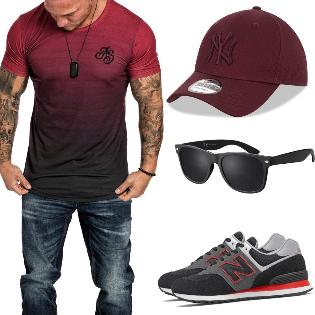 Rot-Schwarzes Herrenoutfit mit Shirt, Cap und Sneakern