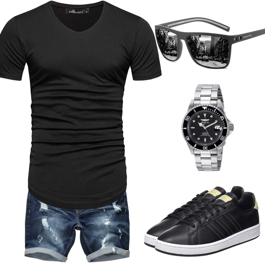 Schwarzes Herrenoutfit mit Shirt, Sneakern und Brille