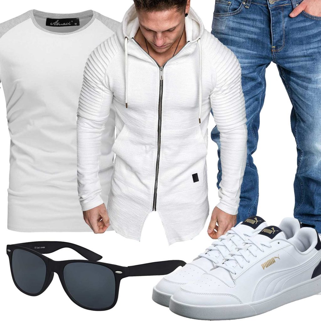 Weißes Herrenoutfit mit Shirt, Hoodie und Sneakern
