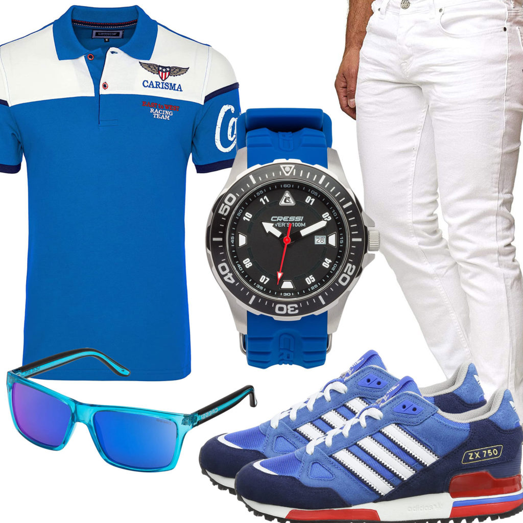 Blau-Weißes Herrenoutfit mit Poloshirt, Jeans und Sneakern