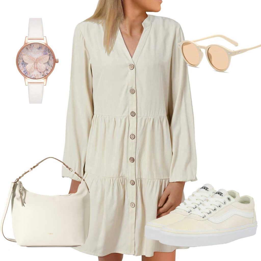 Beiger Style mit Sommerkleid, Uhr und Sneakern