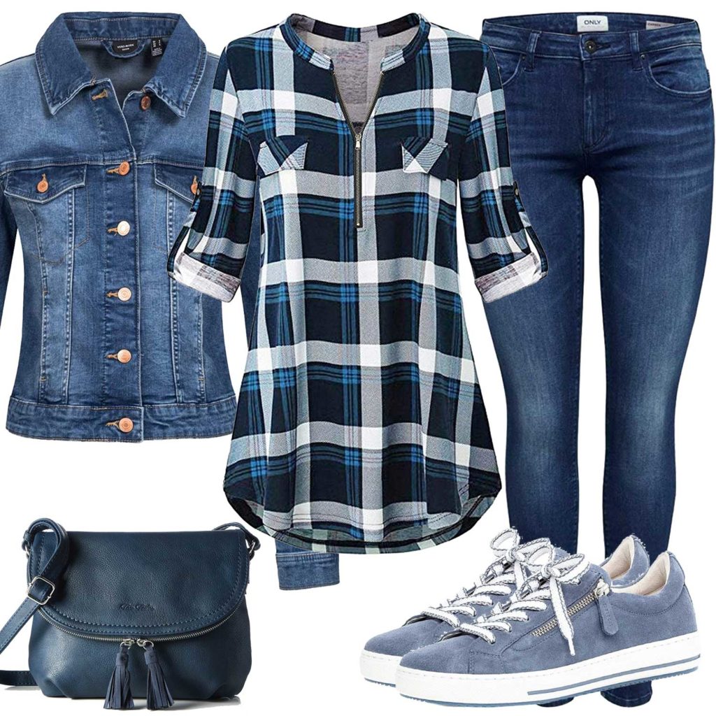 Blaues Damenoutfit mit Hemd, Jeans und Jeansjacke