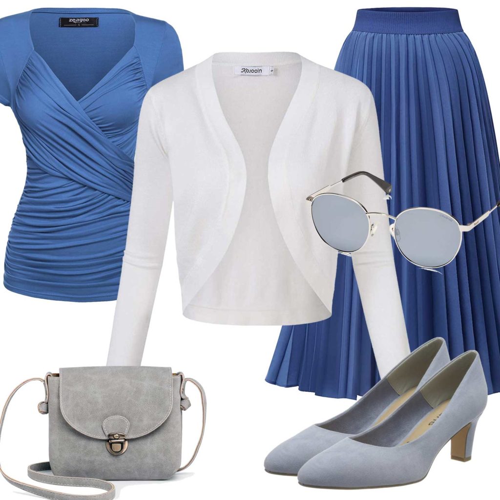 Blau-Weißes Damenoutfit mit Rock und Strickjacke