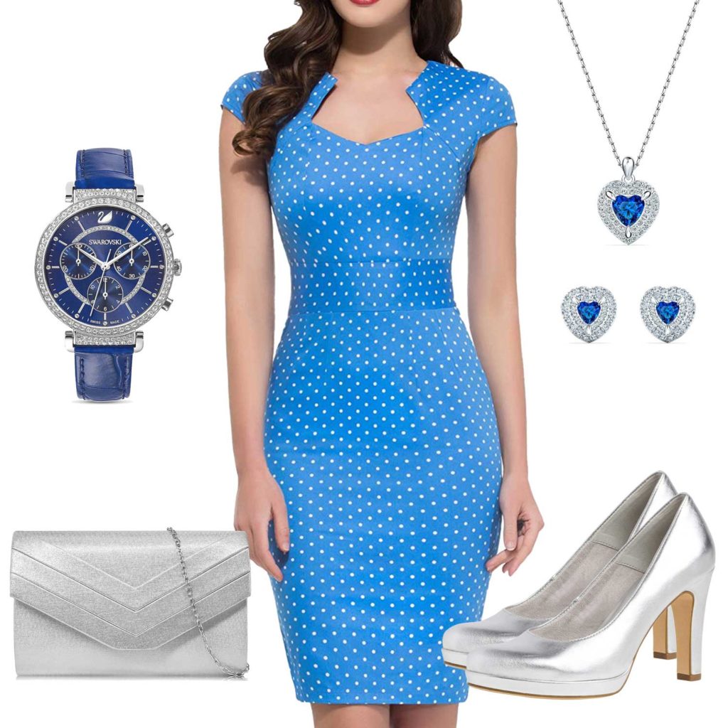 Blau-Silbernes Damenoutfit mit Business-Kleid