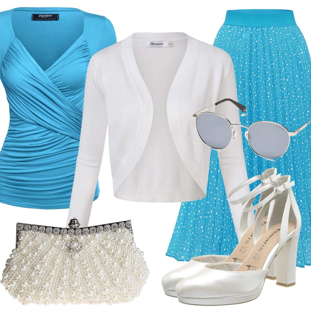 Blau-Weißes Damenoutfit mit Rock und Bluse