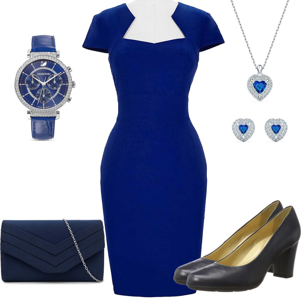 Blaues Business-Damenoutfit mit Kleid und Schmuck
