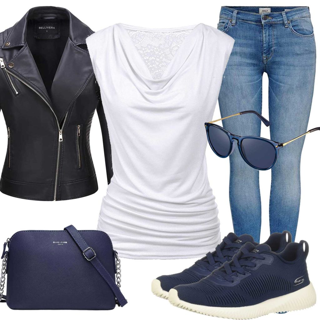 Damenoutfit mit dunkelblauer Lederjacke und Sneakern